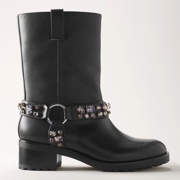 WHBM l Black Moto Studded Leather Chunky Boot Size 5.5 NWOB Rugged Stylish Fun - Picture 1 of 13